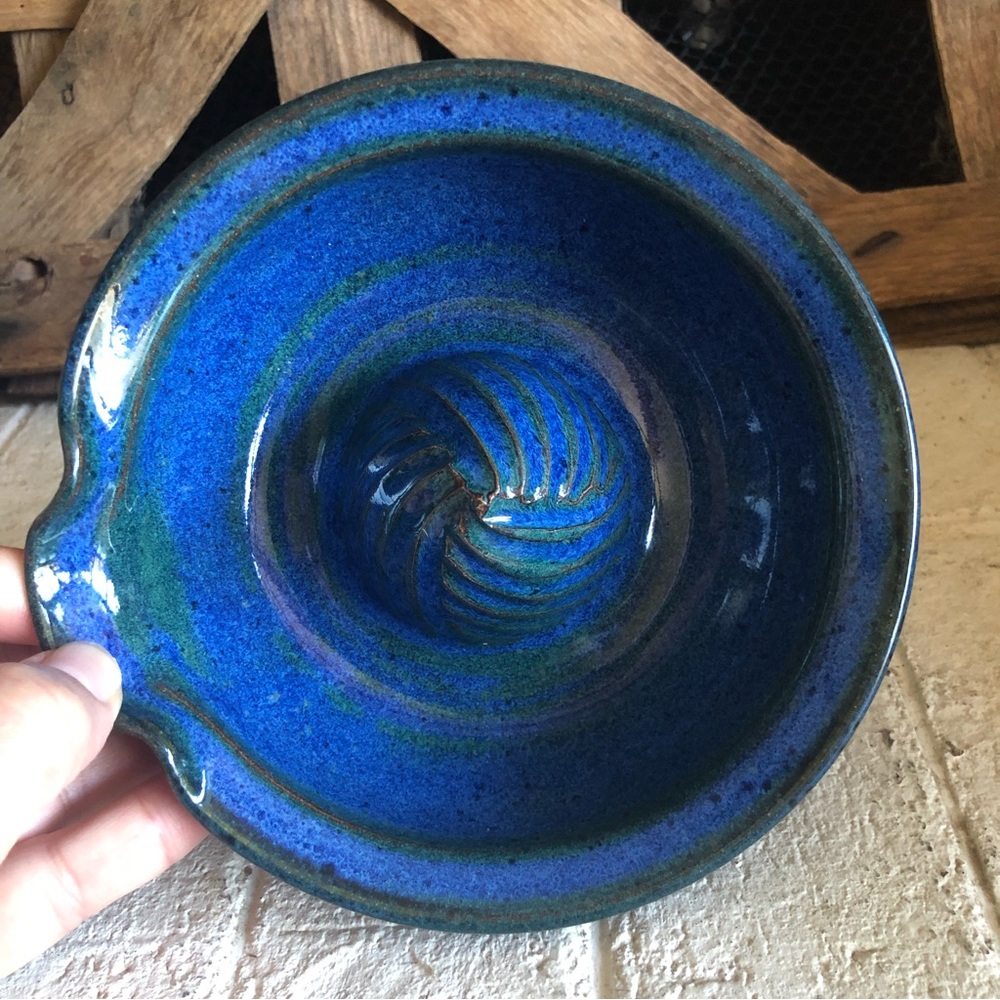 Handmade Orange or Lemon Juicer Stoneware signed Pottery blue glaze (834)